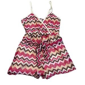 No Comment Juniors Pink & Brown Chevron Knit Romper Boho Crochet Belt - Size M